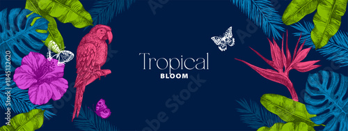 Vintage tropical frame with exotic vibe. Parrot, tropical leaves, hibiscus, butterflies. Coffee, restaurant, food packaging, event decor concept. Hand drawn sketch vector illustration.