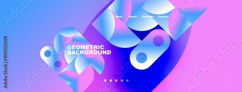 Abstract geometric background. Vibrant blue, purple hues dominate design. Text includes Work, About, Portfolio, Contact. Circles present.