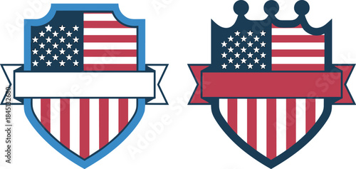 Two Patriotic USA Flag Shield Emblems with Blank Ribbons for Text, United States National Flag Badges for Fourth of July Independence Day Celebrations.