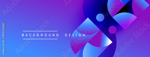 Abstract background features vibrant blue, purple gradients. Circular shapes overlap creating dynamic visual effect. Modern design element.