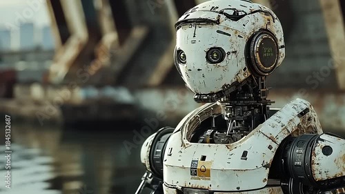 Rusty robot stands by water near industrial structures