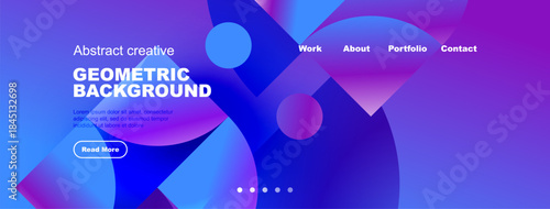 Abstract geometric background design. Blue hues dominate, featuring circular shapes, text elements, navigation menu. Modern aesthetic.