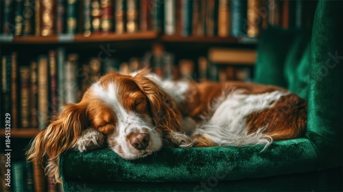 Serene Slumber: A peaceful spaniel rests in a comfortable armchair, surrounded by the quietude of a library. The cozy ambiance invites tranquility.