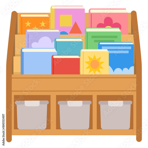 Illustration of Bookshelf with Books and Bins