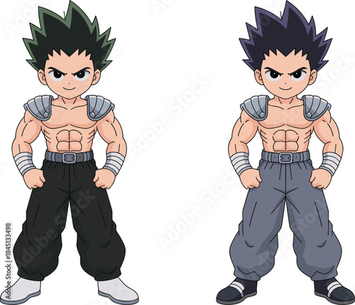 Muscular anime boy warrior character set with spiky hair and battle armor standing in a confident pose for gaming avatars or manga illustrations