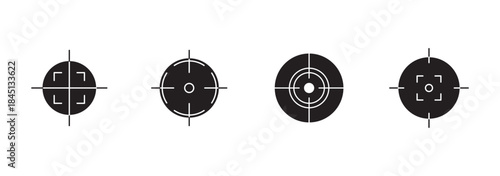 Target aim icons set. Sniper target aim shoot icon collection. Black aim icon set. Set of black sight icons. Crosshair, gun sight vector icons.