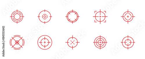 Red Target icons. Focus symbol in circle. Isolated gun shoot aim set. Bullseye vision collection. Round aiming focus. Gun sight crosshairs. Vector crosshair set.