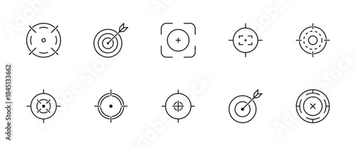 Target destination icons set. Aim sniper vectors. Focus cursor bull eye mark. Gun sight Crosshair. Sniper rifle target illustration collection. Marketing aim design isolated on transparent background.