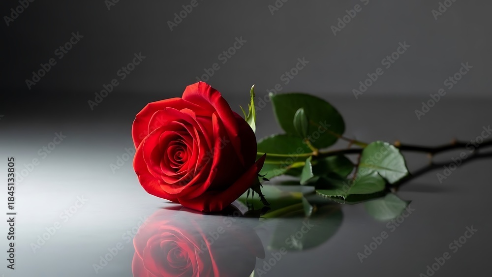 Fototapeta premium Single red rose on reflective surface