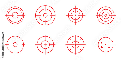 Red Target icons. Focus symbol in circle. Isolated gun shoot aim set. Bullseye vision collection. Round aiming focus. Gun sight crosshairs. Vector crosshair set.