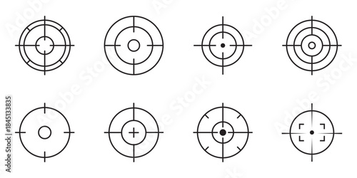 Red Target icons. Focus symbol in circle. Isolated gun shoot aim set. Bullseye vision collection. Round aiming focus. Gun sight crosshairs. Vector crosshair set.