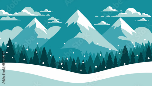 A serene winter landscape featuring snow-capped mountains, evergreen trees, and falling snowflakes under a cloudy sky.