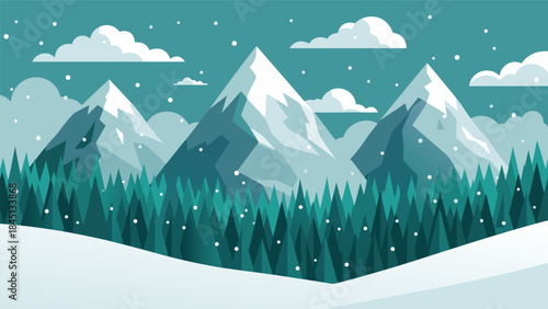 A serene winter landscape featuring snow-capped mountains, a dense forest of evergreen trees, and falling snowflakes under a cloudy sky.