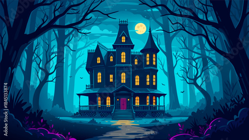 A spooky, dimly lit Victorian mansion stands ominously in a dark, moonlit forest with glowing windows.