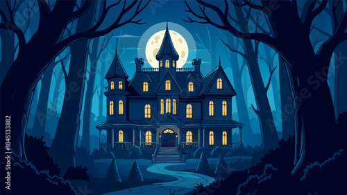 A spooky, dimly lit Victorian mansion looms in a dark, moonlit forest with glowing windows.