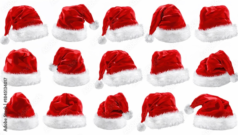 Fototapeta premium Christmas Santa hat variations isolated on white background, ideal for holiday branding, celebration themes, and winter graphics