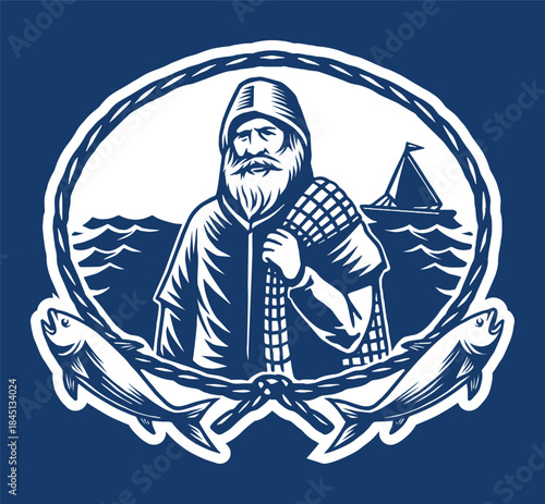 A bold vintage fisherman character surrounded by fish and ocean waves inside an oval rope frame.