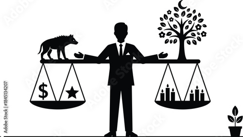 PrintBusinessman balancing ethics and profit silhouette, money vs nature on a scale, finance, ecology, corporate social responsibility, vector illustration.