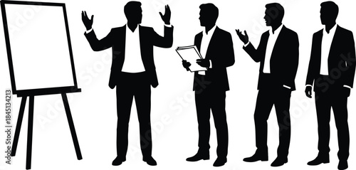 Businessmen presentation silhouette, corporate team meeting with whiteboard, executive workers discussing, communication, isolated vector illustration.