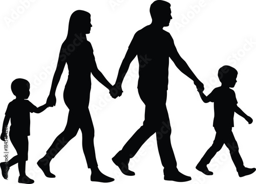 Family of four walking silhouette, parents holding hands with two young children, togetherness, side view, isolated vector illustration.