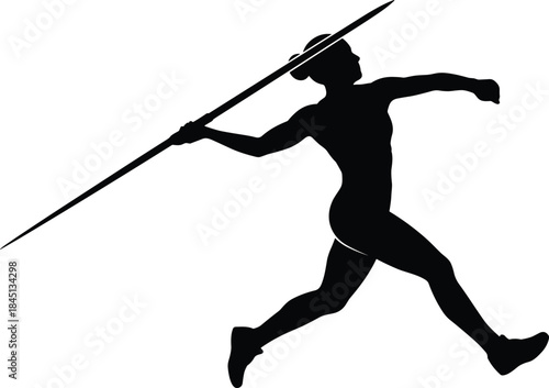 Female javelin thrower athlete silhouette running and preparing to launch the spear, track and field sport event concept, isolated vector.