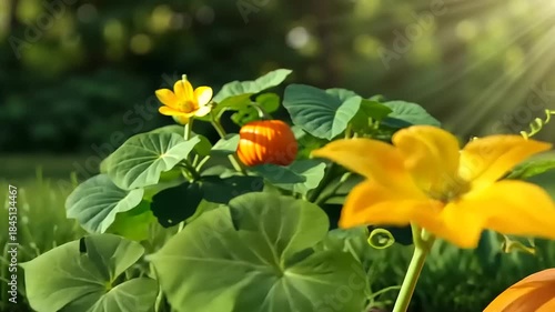 Vibrant pumpkin plant with flowers in sunny garden