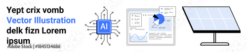 Technology, data visualization, artificial intelligence, renewable energy, sustainability, innovation. Circuit with AI label, data graphs and solar panel icons. Artificial intelligence and data