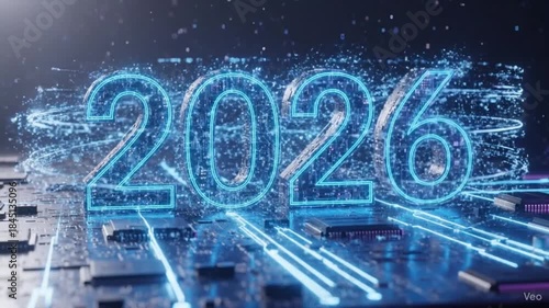 Glowing neon blue 2026 year number hovers above a futuristic digital circuit board with sparkling particles