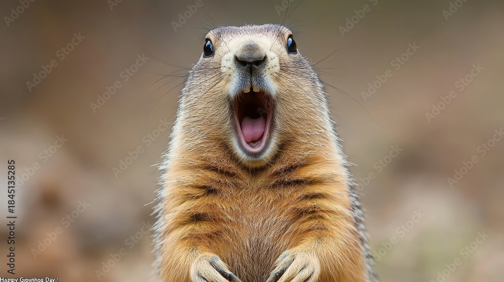 Fototapeta premium Funny wildlife photo for blogs/sites on humor, animals, or nature memes. A groundhog standing upright with its mouth wide open in a surprised or shouting expression