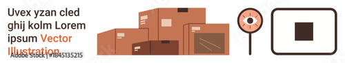Logistics, inventory tracking, warehouse organization, e-commerce, supply chain, barcode scanning. Cardboard boxes, a magnifying glass and a QR symbol. Logistics and inventory concepts