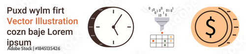 Business efficiency, data processing, workflow optimization, financial planning, time tracking, analytics. Clock, funnel with data and dollar coin. Business efficiency and data processing concept