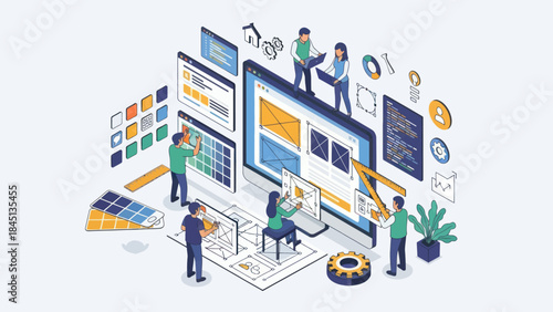 Team of designers collaborating on a digital interface project.