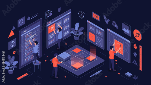 Team of designers collaborating on a digital interface project.