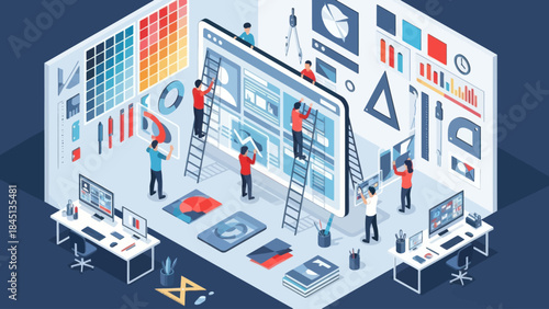 Team of designers collaborating on a large digital interface project.