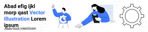 Business processes, teamwork, task execution, workflow optimization, project management, productivity. People interacting with gear and documents tasks. Teamwork and tasks execution concept