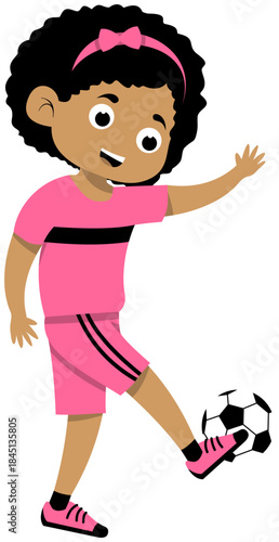 Curly haired brown skinned girl practicing inside foot pass step 4, soccer illustration. Editable Color Vector