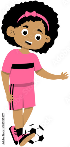 Curly haired brown skinned girl practicing inside foot pass step 3, soccer illustration. Editable Color Vector
