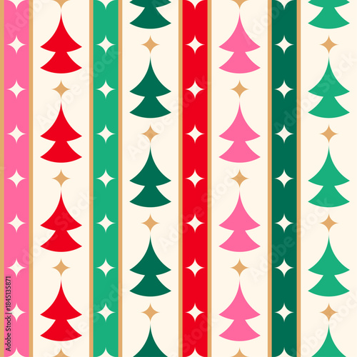 Geometric pine tree with star seamless striped pattern design for Christmas and new year background.