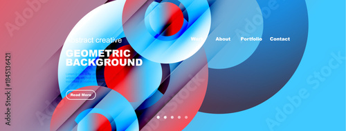 Abstract geometric design. Vibrant colors overlap, creating dynamic visual experience. Website header with navigation options visible.