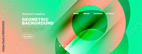 Abstract geometric background design. Gradient colors blend, creating modern visual appeal. Navigation links present work, about, portfolio, contact.