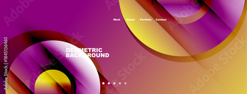 Abstract vibrant design. Smooth curves, gradients create dynamic visual effect. Navigation menu present, geometric shapes dominate composition.