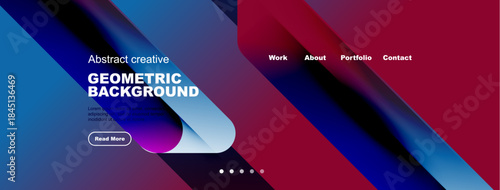 Modern website header design. Vibrant blue, purple gradients dominate. Text promotes geometric backgrounds, includes navigation options.