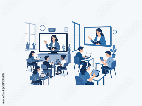 Digital classroom with teacher on screen and students on devices,