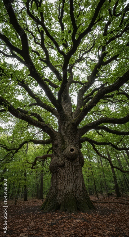 Obraz premium A colossal ancient oak tree dominates the forest canopy, its massive trunk and widespread branches providing shelter to the surrounding young saplings, environment, parent, ecosystem