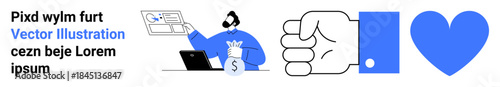 Financial growth, teamwork, communication, digital economy, online transactions, social connection. A person holding money, a fist bump icon and a heart symbol. Financial growth and teamwork