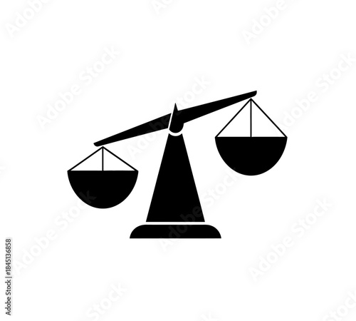 A simple black and white illustration of a classic scale representing balance and justice