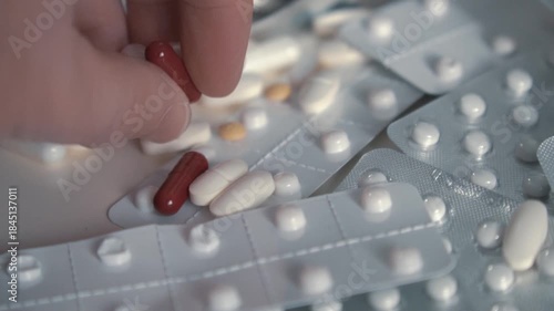 Close up of a hand selecting red capsules from a variety of pills, tablets and blister packs