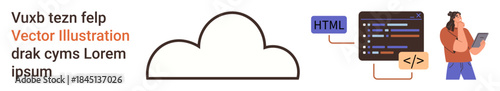 Cloud storage, web development, programming, coding education, data integration, software design. A cloud, code snippets and a programmer holding a tablet. Cloud storage and web development concept