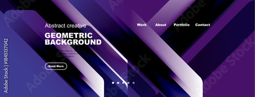 Modern website header design. Gradient purple shades dominate, featuring geometric shapes, text elements, navigation menu. Clean, stylish presentation.
