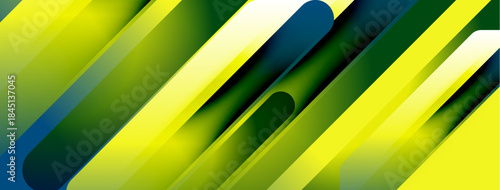 Abstract composition featuring vibrant yellow, green, blue lines. Dynamic shapes create modern visual effect. Smooth gradients suggest movement.